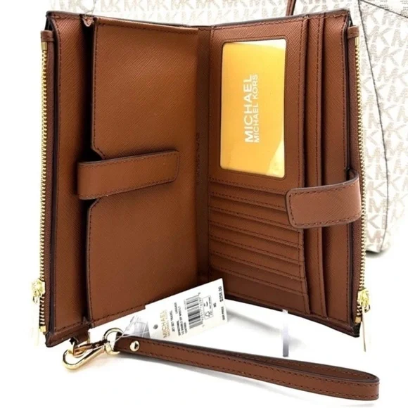 Michael Kors Large Chain Shoulder Bag & Double Zip Wallet Set Vanilla/Luggage - Picture 11 of 14